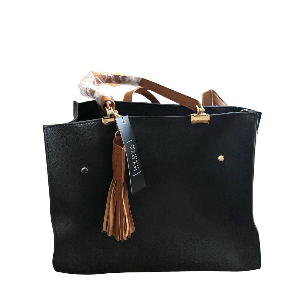 Vegan Leather Handbag Purse‎ & Tote 2-piece Black And Brown Peta Approved